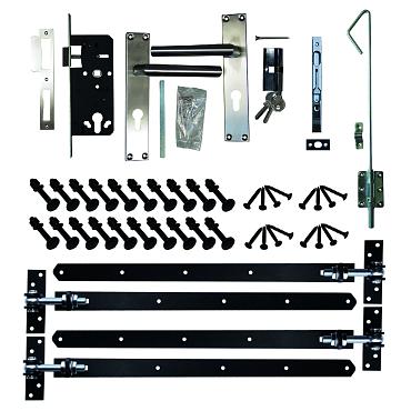 Beslagset (hengen, duimen, ijzerwaren) alles zwart + cilinder slot met schilden