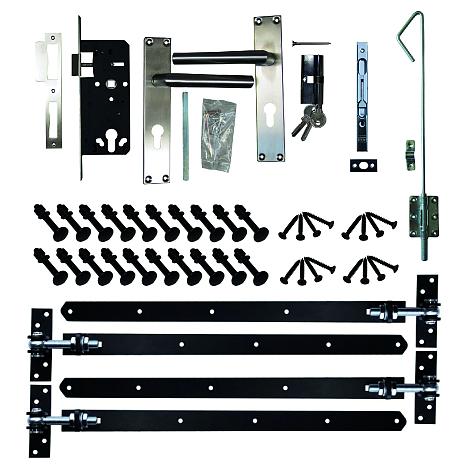 Beslagset (hengen, duimen, ijzerwaren) alles zwart + cilinder slot met schilden