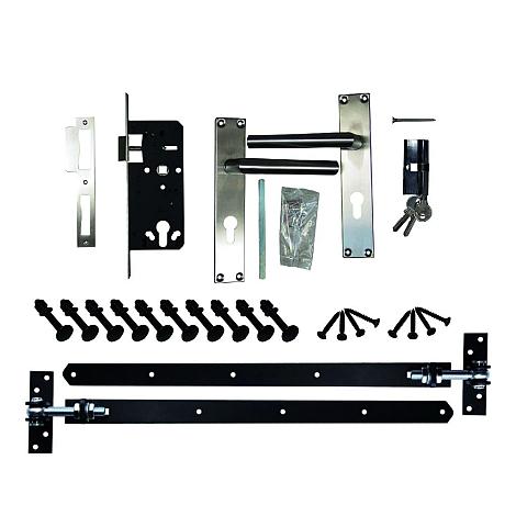 Beslagset (hengen, duimen, ijzerwaren) alles zwart + cilinder slot